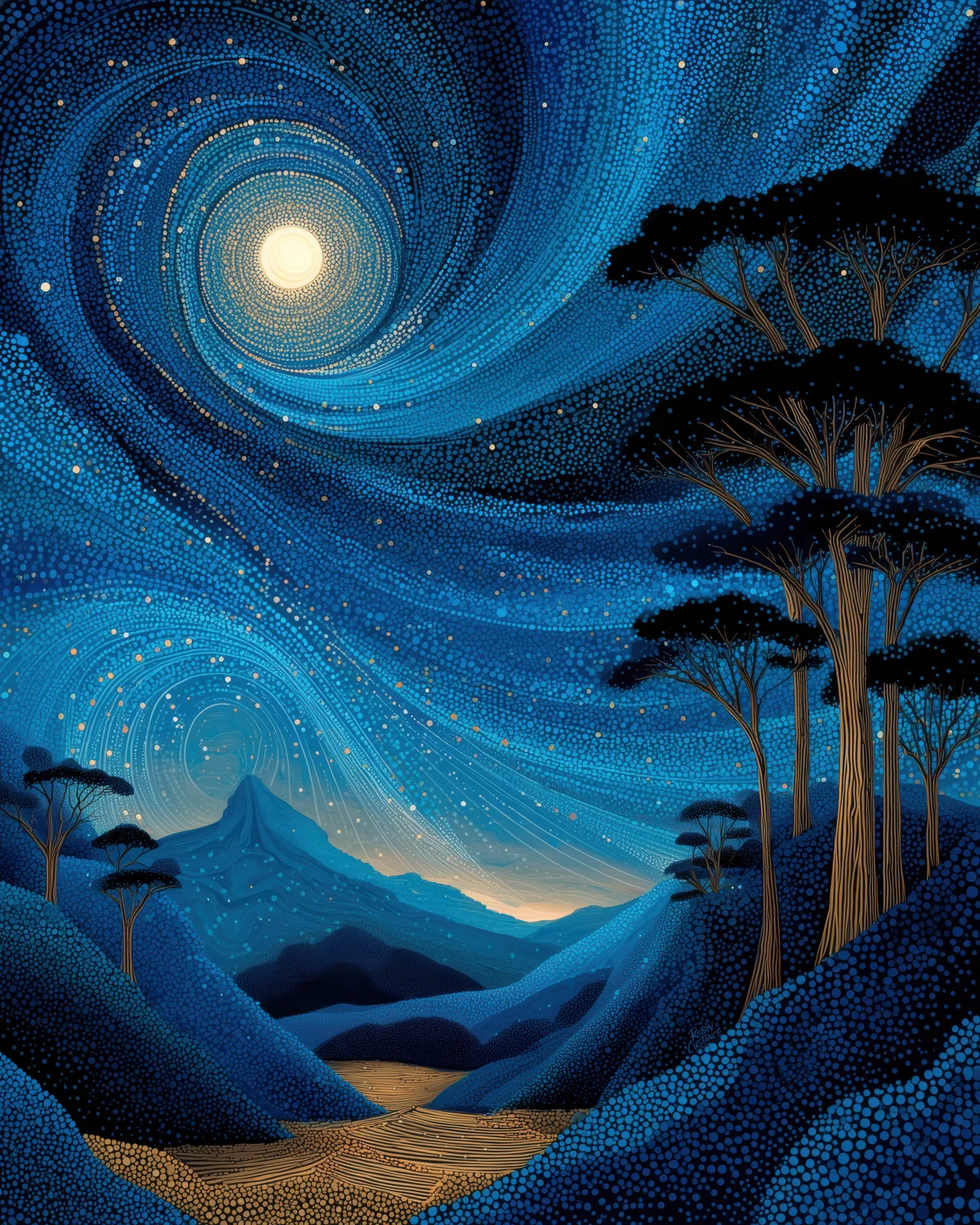 A pale moon glows above a deep blue mountain valley, with dark trees rising along the right edge and a soft winding path drawing the eye into the distance.