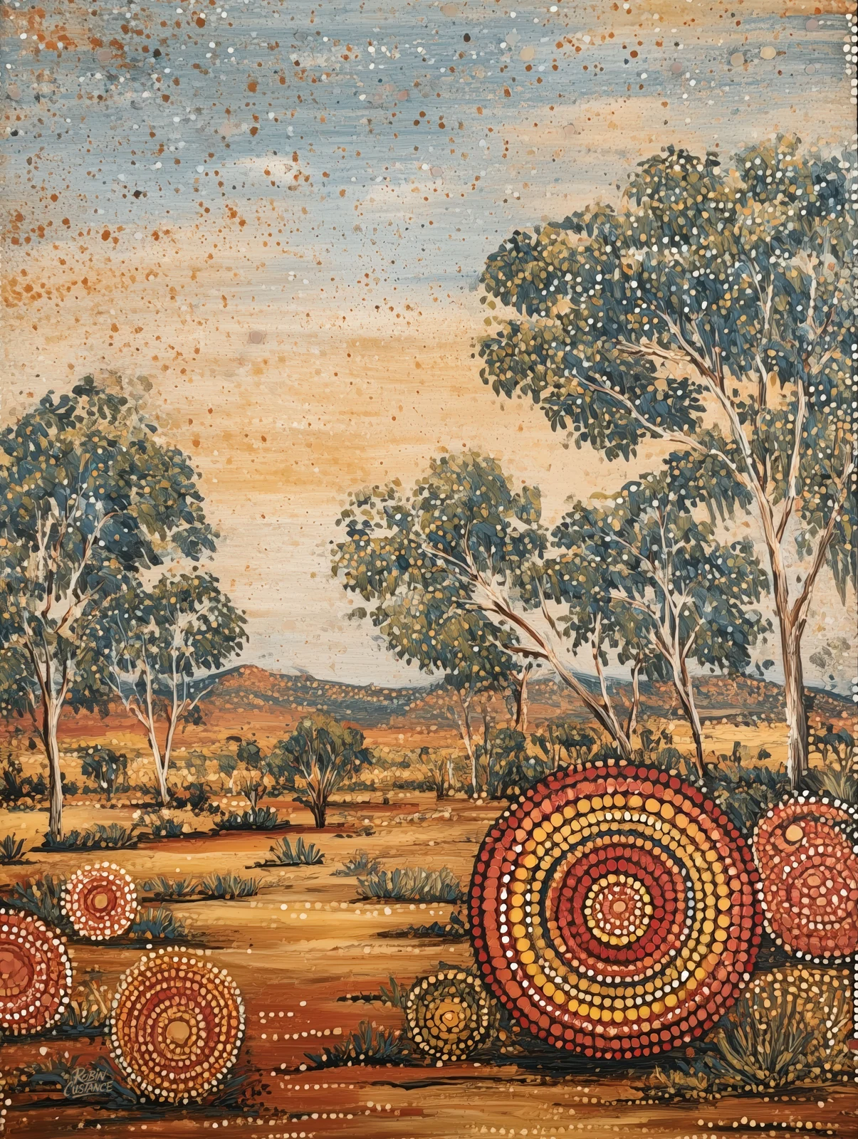 Scattered trees stand across warm open country while large concentric circular forms sit through the foreground in orange, cream, brown and dark blue-gray.