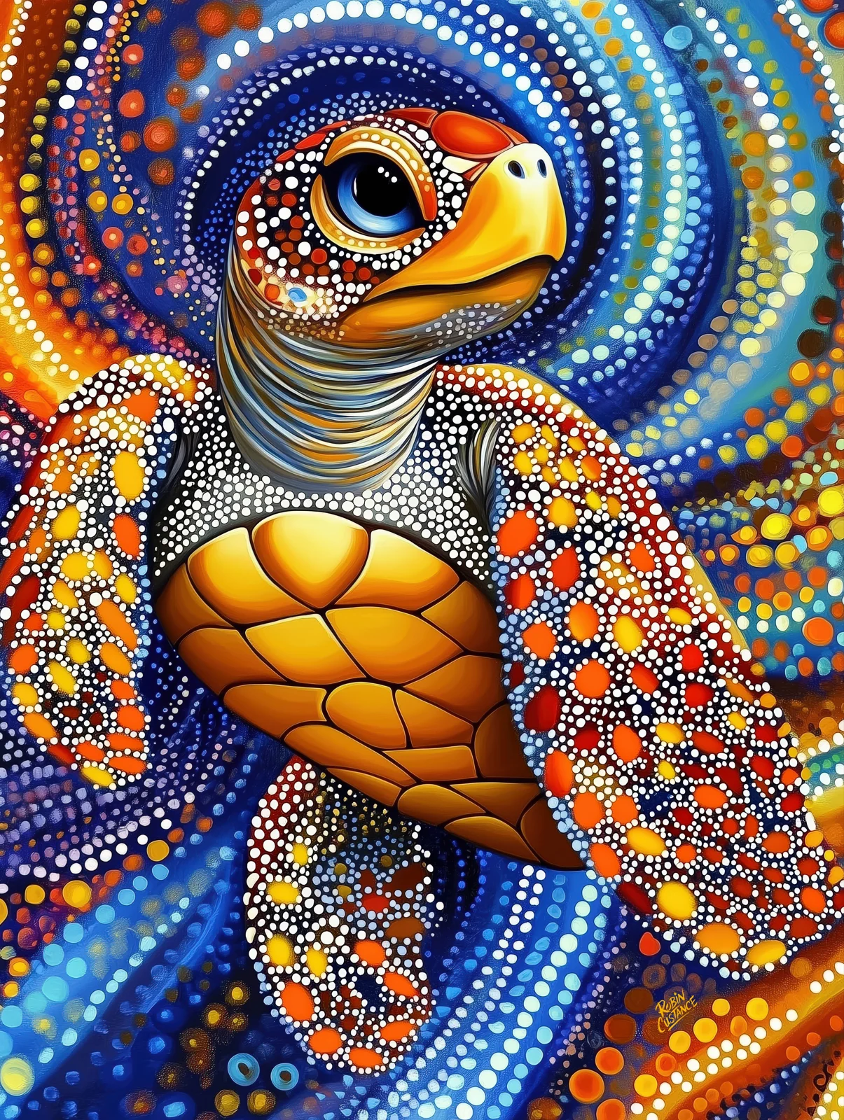 Bright orange, cobalt, turquoise and white dots wrap around a sea turtle as it moves through curling blue currents.