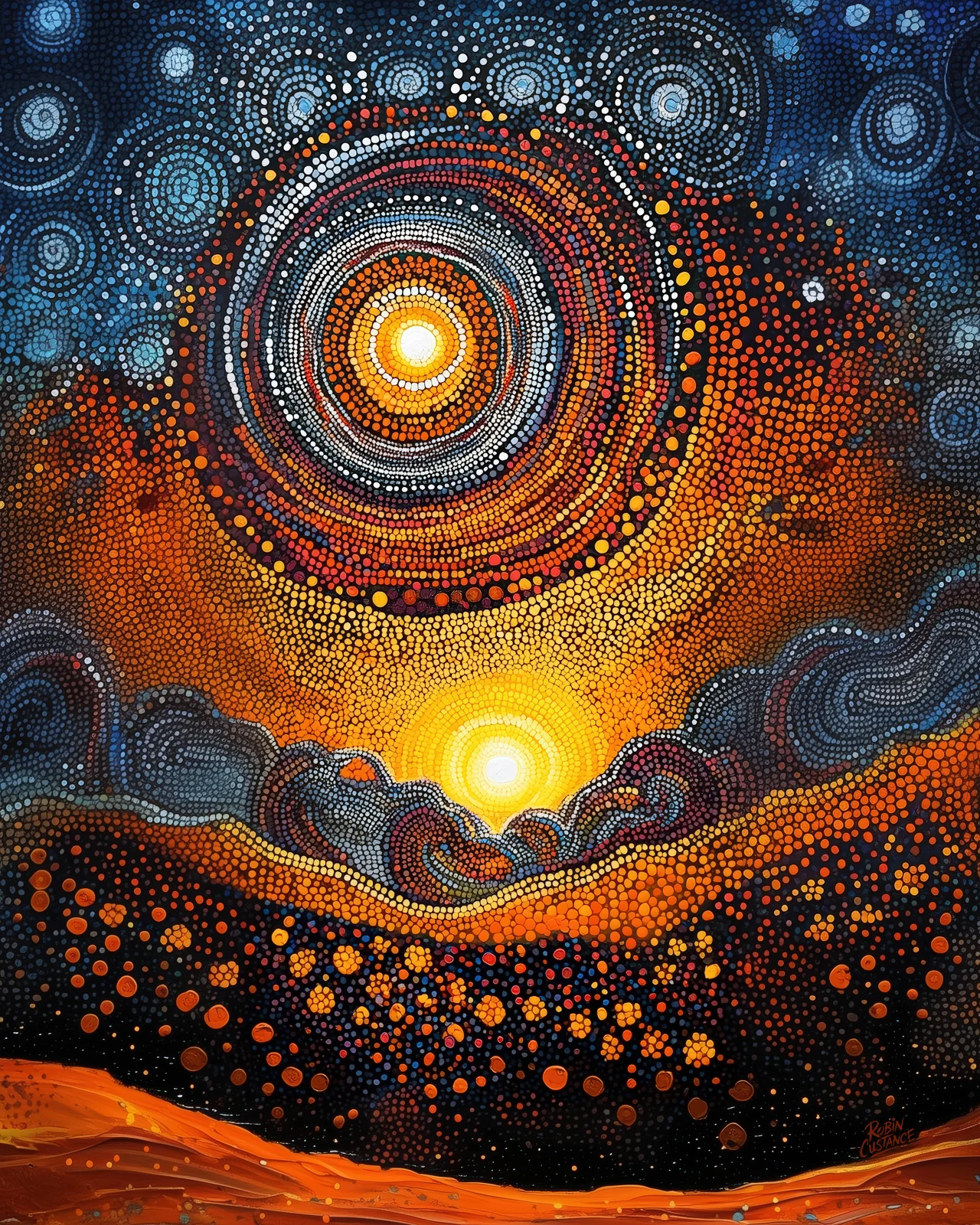 Two glowing circles sit within a field of concentric blue, orange, gold and charcoal marks, one high in the composition and one low on the horizon.