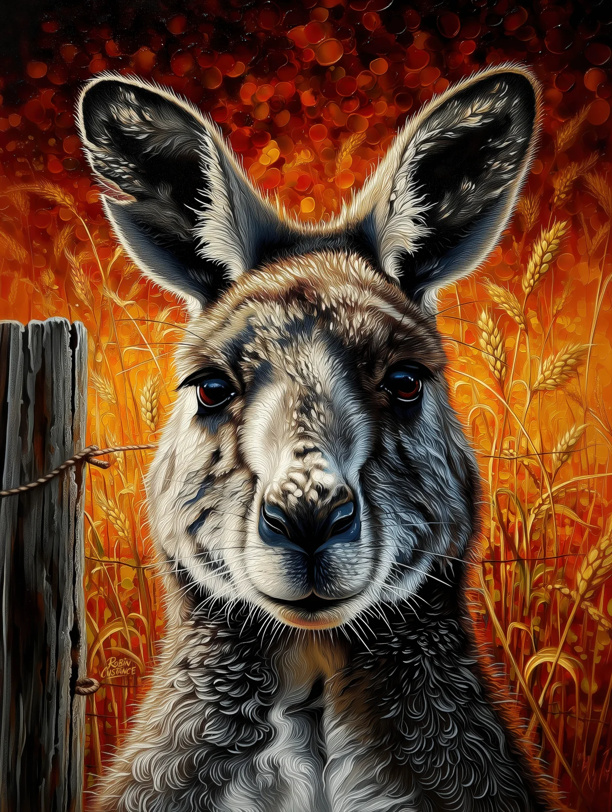Old Man Pa faces the viewer beside a weathered fence post, surrounded by glowing orange grasses and a deep ember-red background.