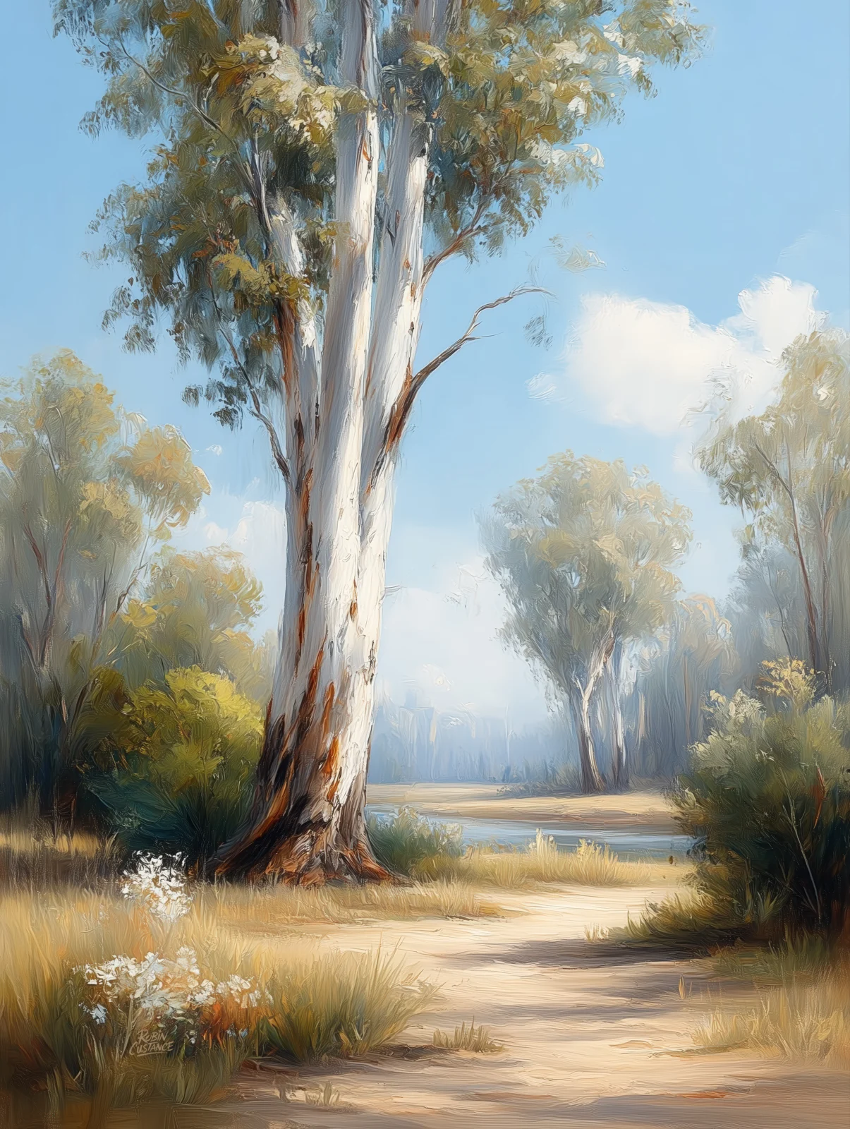 A pale bush track curves past a tall smooth-barked tree beneath an open blue sky, with soft grasses and smaller trees fading into the distance.