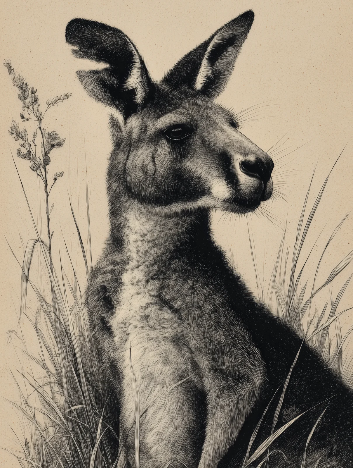 Old Man Pa appears in a restrained sketch-style kangaroo portrait, built from charcoal-dark lines, soft cream space and fine fur detail.