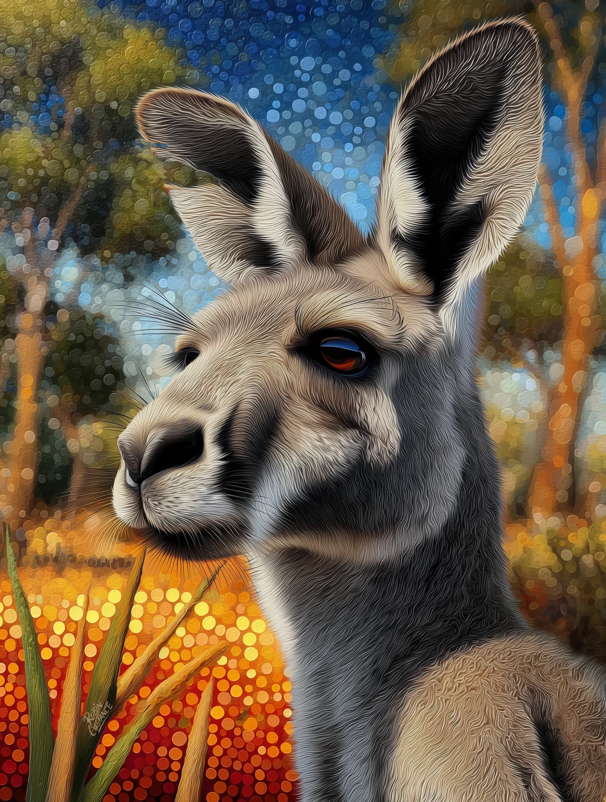 Old Man Pa fills the frame in a close kangaroo portrait, with soft grey-brown fur set against warm gold grasses and a cool blue-speckled background.