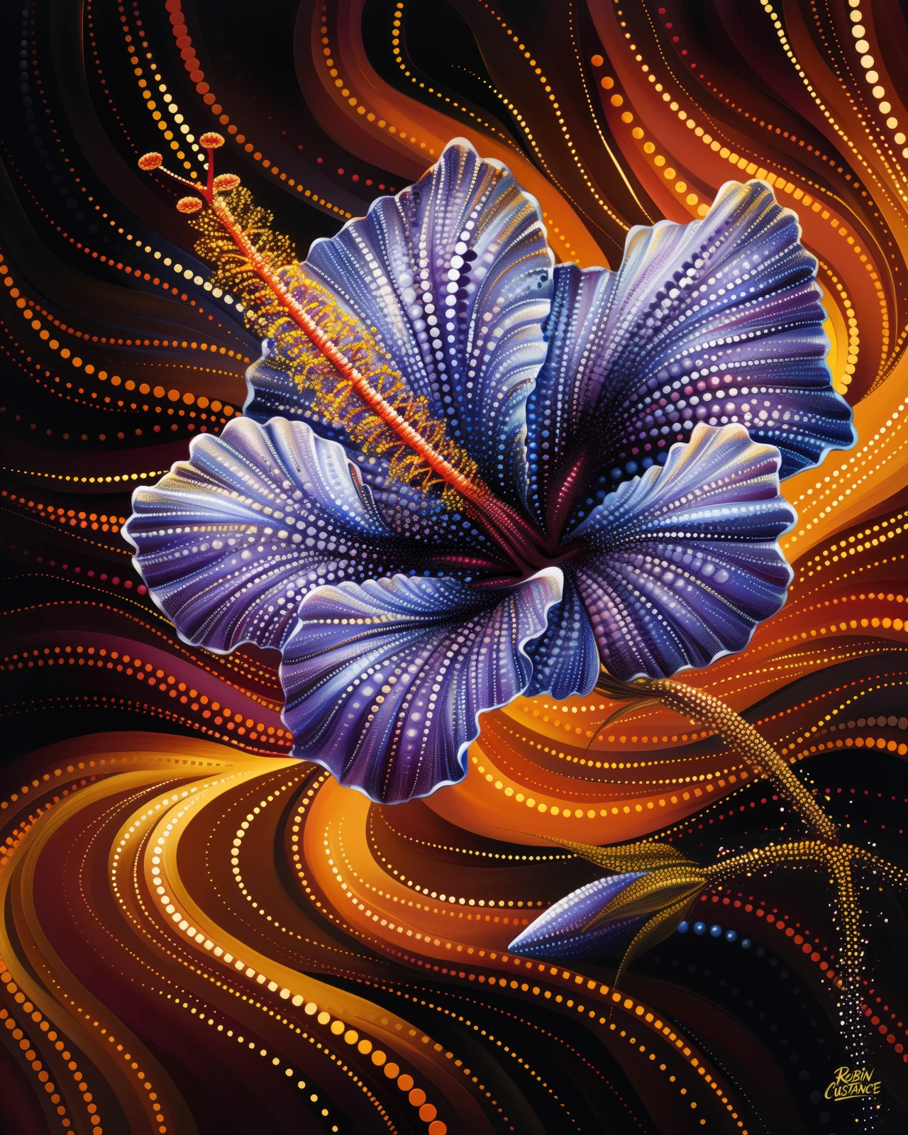 A large violet-blue flower fills the centre of this vertical composition, its layered petals traced with fine white dot-style detail against sweeping orange, gold and black curves.