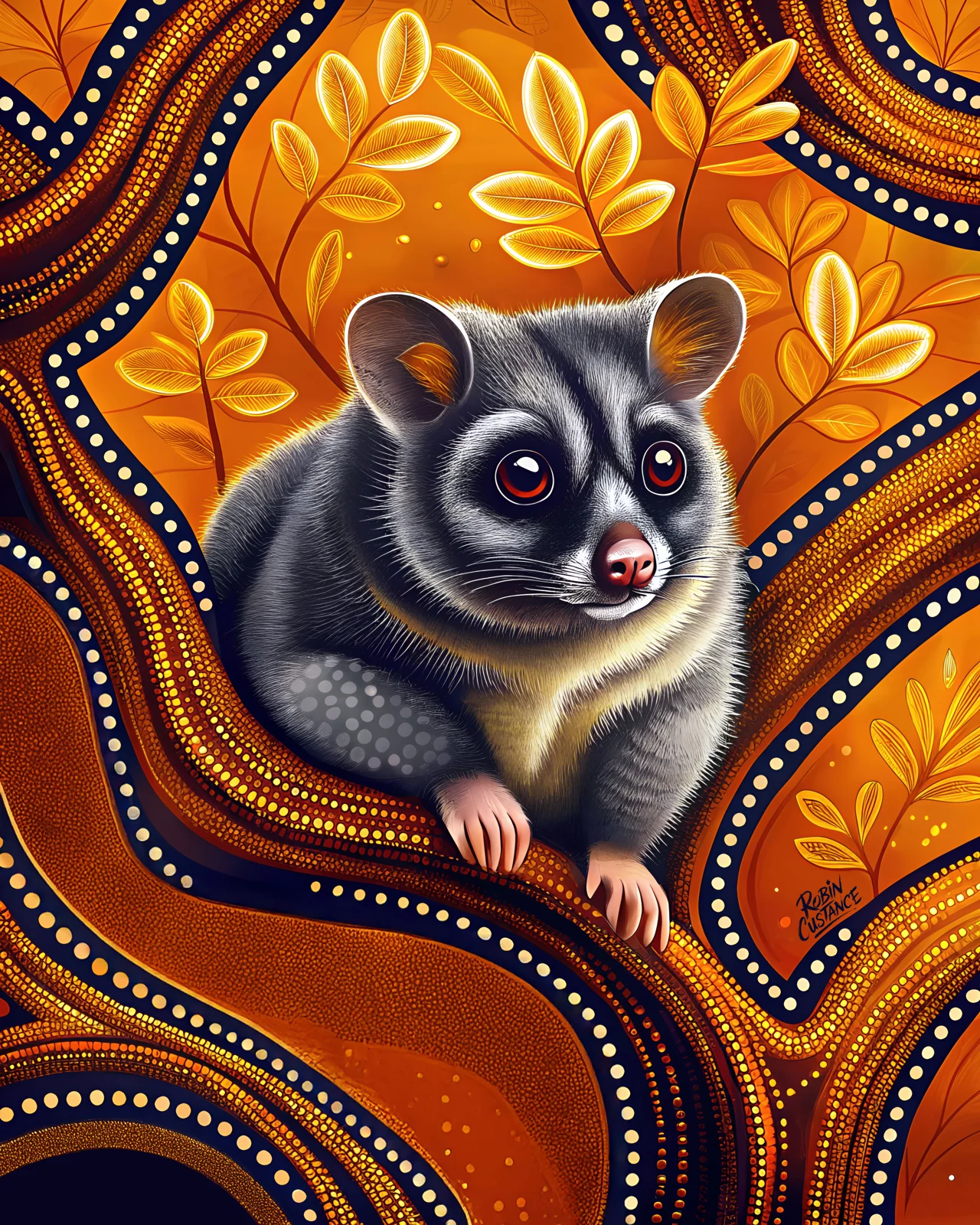 A small possum sits against a glowing orange and gold field, framed by flowing navy bands, repeated dots and stylised leaves.