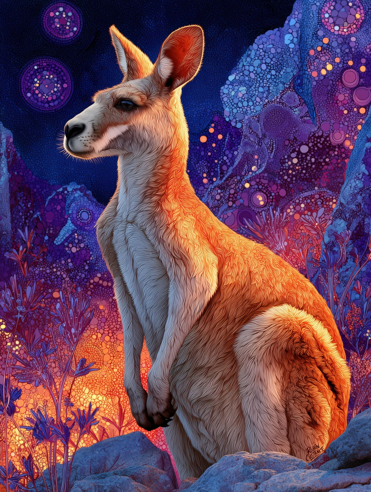 A seated kangaroo glows in warm orange light against a vivid field of purple, blue and pink, with circular dot-style detail drifting through the background.