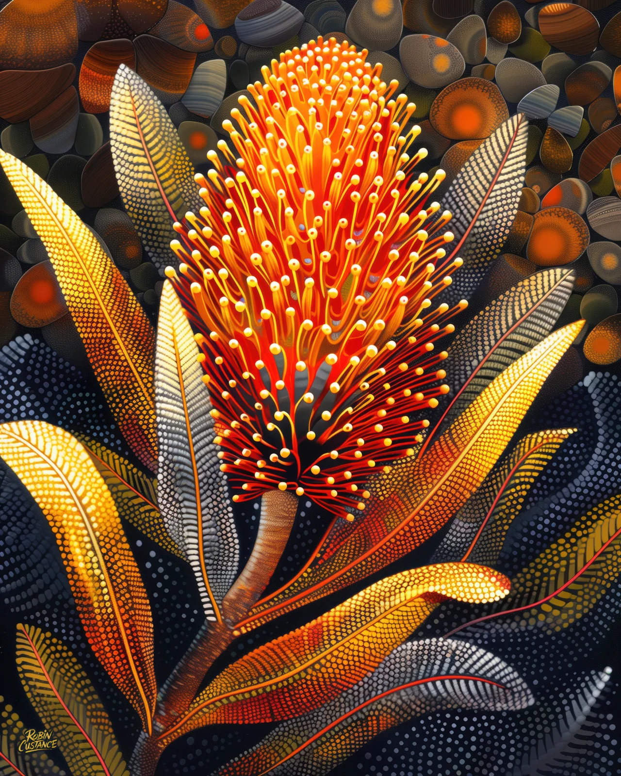 A tall orange flower spike rises through warm brown, gold and charcoal leaves, its many small upright florets creating a dense luminous centre.