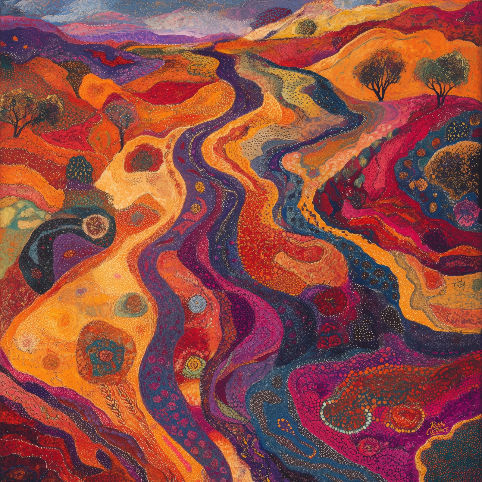 Winding dark blue and purple channels through bright orange, crimson and gold hills, with scattered rounded trees and circular foreground patterns.