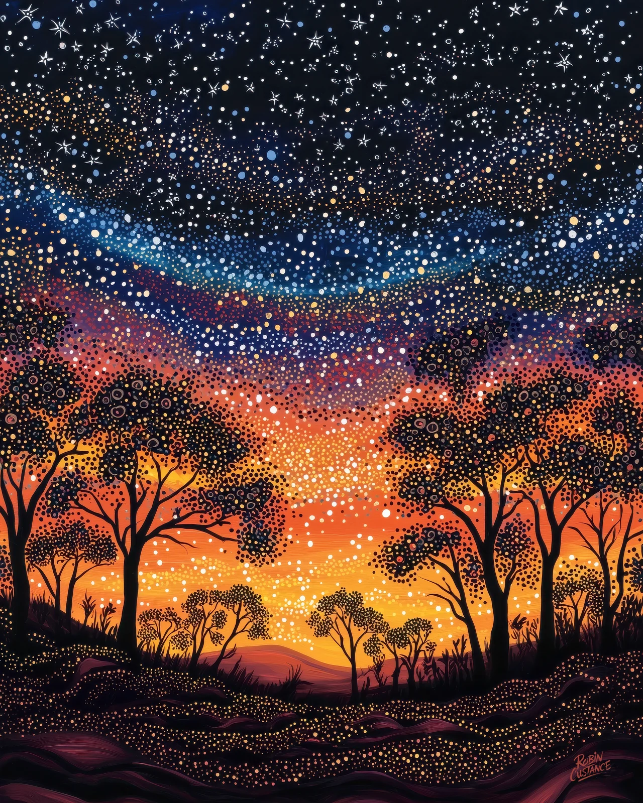 Black tree silhouettes around a glowing orange horizon, below a deep blue sky filled with white stars and blue-gold dots, above dark patterned ground.