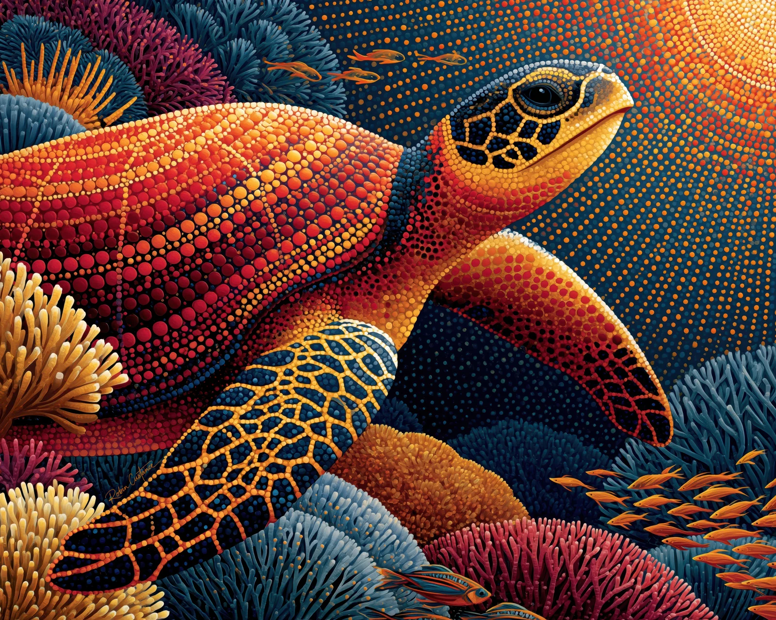 Red and gold sea turtle swimming towards light at the upper right, surrounded by blue, pink and gold coral and a small school of orange fish.