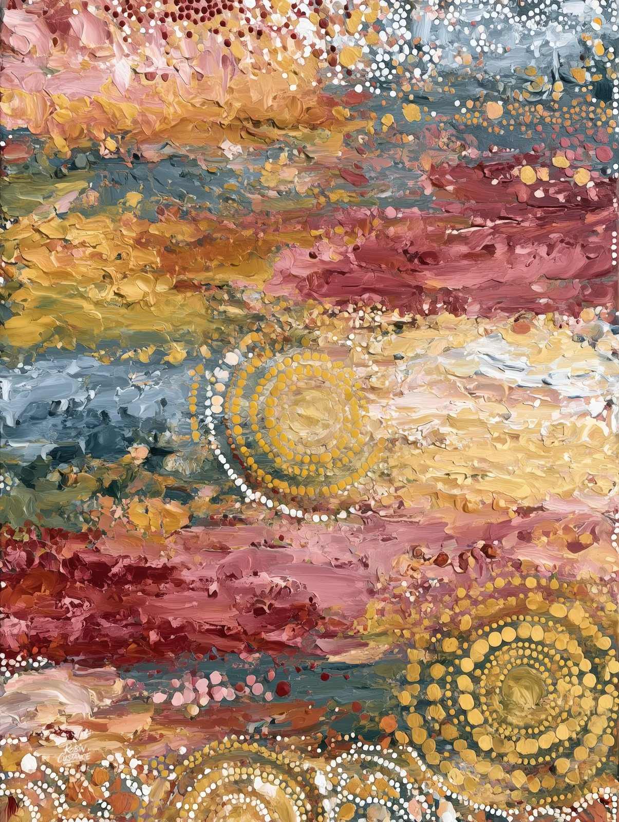Abstract horizontal bands of dusty pink, burgundy, ochre, cream and slate blue, interrupted by gold and white dotted circles in a tall composition.