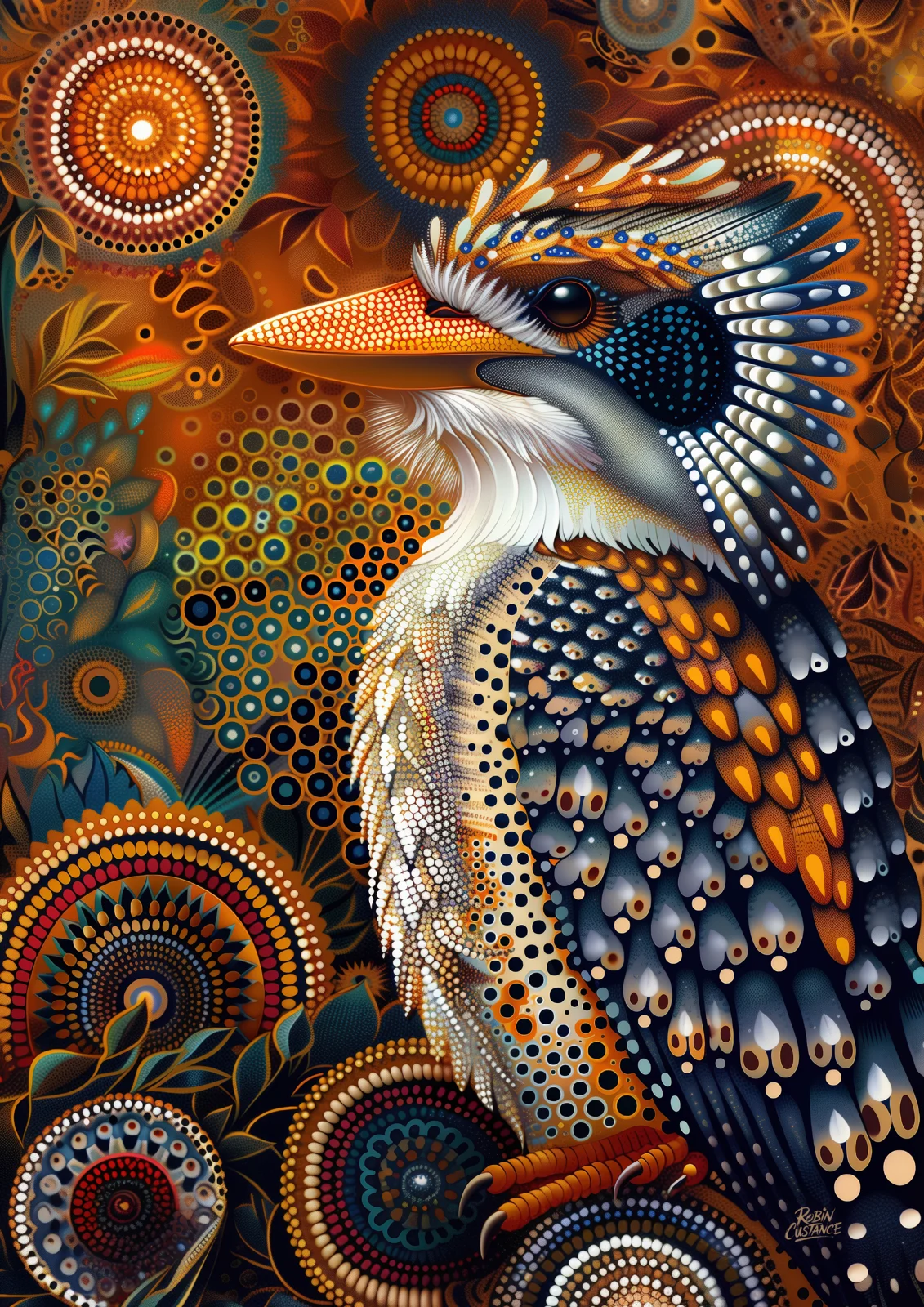 A boldly stylised kookaburra fills this vertical portrait, its long beak, pale chest and blue-black feathers set against a dense field of circular orange, cream and blue detail.