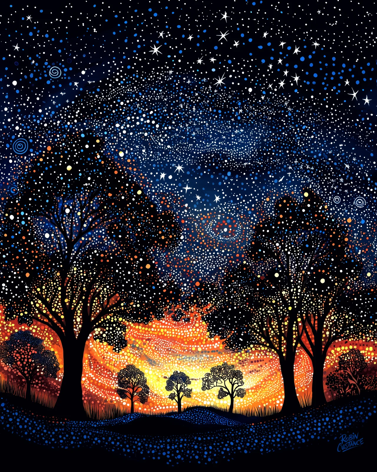 Portrait-format Aboriginal-inspired dot artwork of silhouetted trees beneath a deep blue starry sky and glowing orange outback dusk horizon.