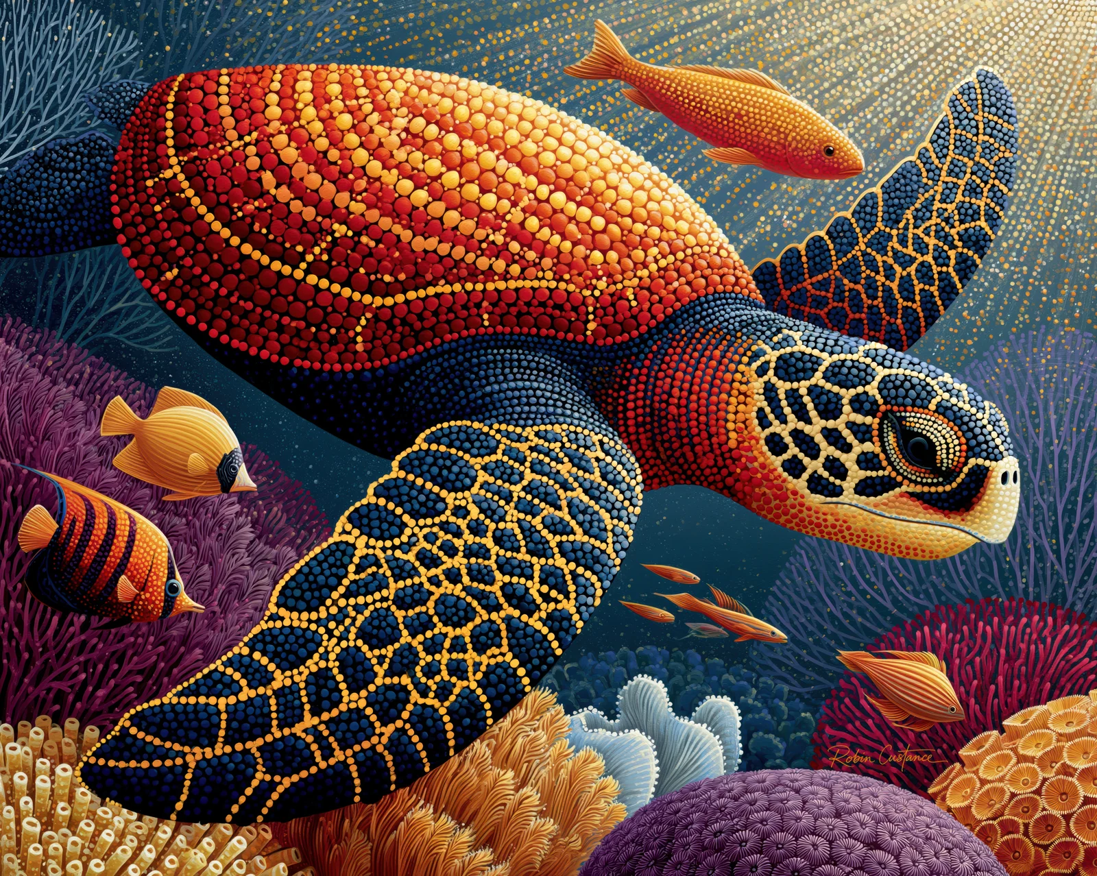 Sea turtle facing right with a red-orange dotted shell and blue-gold flippers, surrounded by small fish and violet, cream and gold coral.