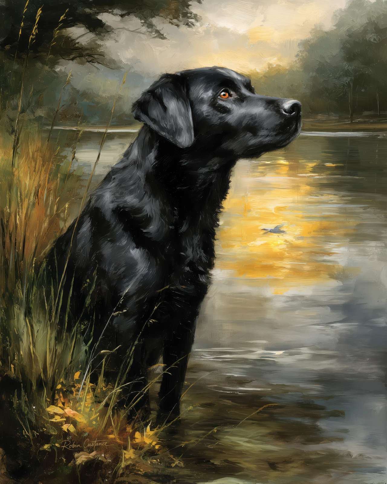 Black Labrador in right-facing profile with raised muzzle and amber eye, framed by grasses and a dark tree beside gold-reflecting lake water.