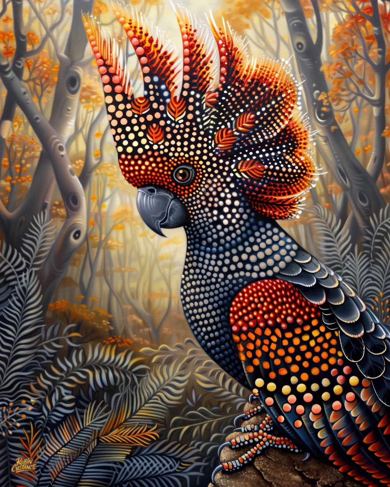 A dark cockatoo-like bird stands in profile against a softly lit forest, its dramatic red-orange crest and shoulder colour picked out with hundreds of pale dots.