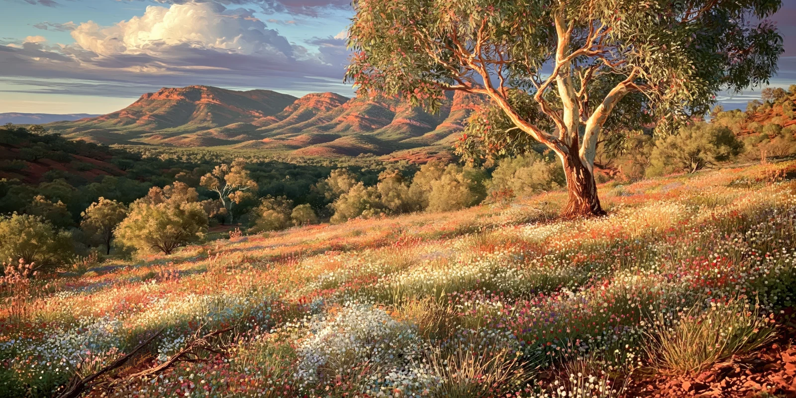 Fine white and pink flowers cover a golden hillside rising to a broad tree on the right, above a dark green valley and distant red hills under a blue-grey sky.