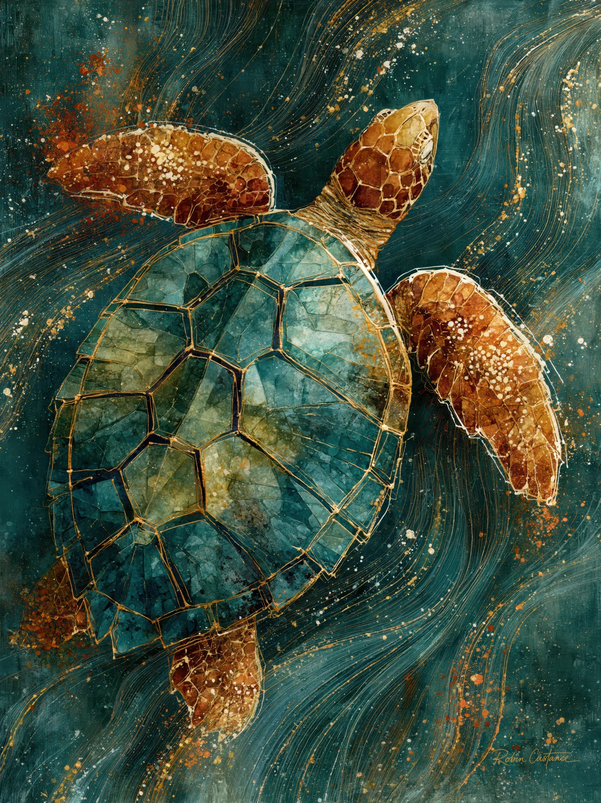 Sea turtle viewed from above, with a blue-green shell outlined in gold and amber flippers, swimming towards the upper right through flowing teal lines.