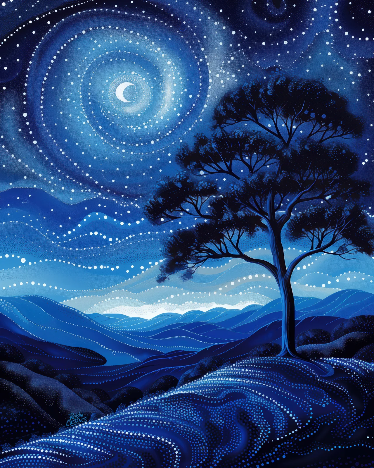 A dark spreading tree stands above layered blue hills while a crescent moon curls through a sky of luminous dots, spirals and soft wave-like bands.