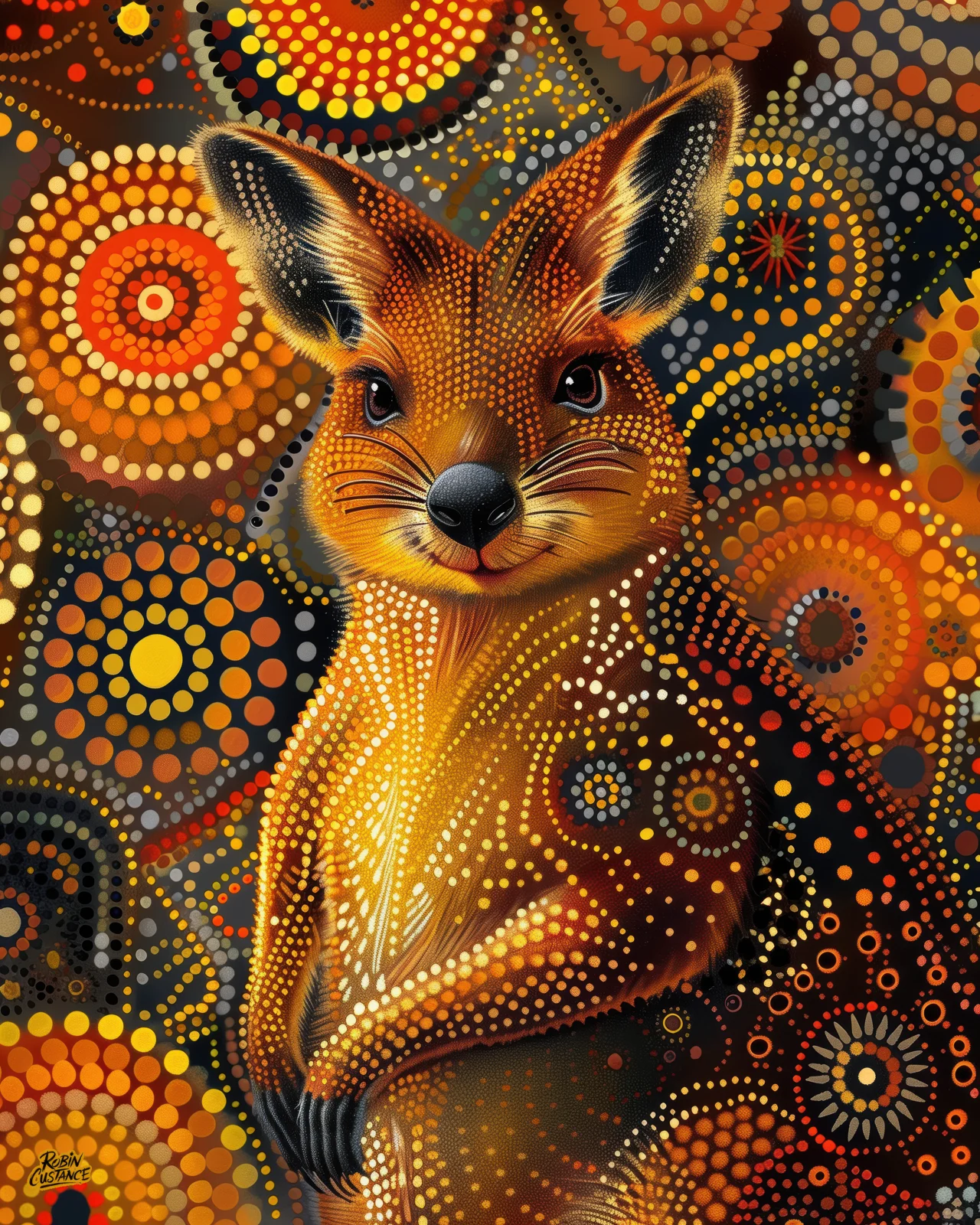 A small smiling marsupial sits upright against a dense orange, gold, black and brown field of circular dot-style patterns.