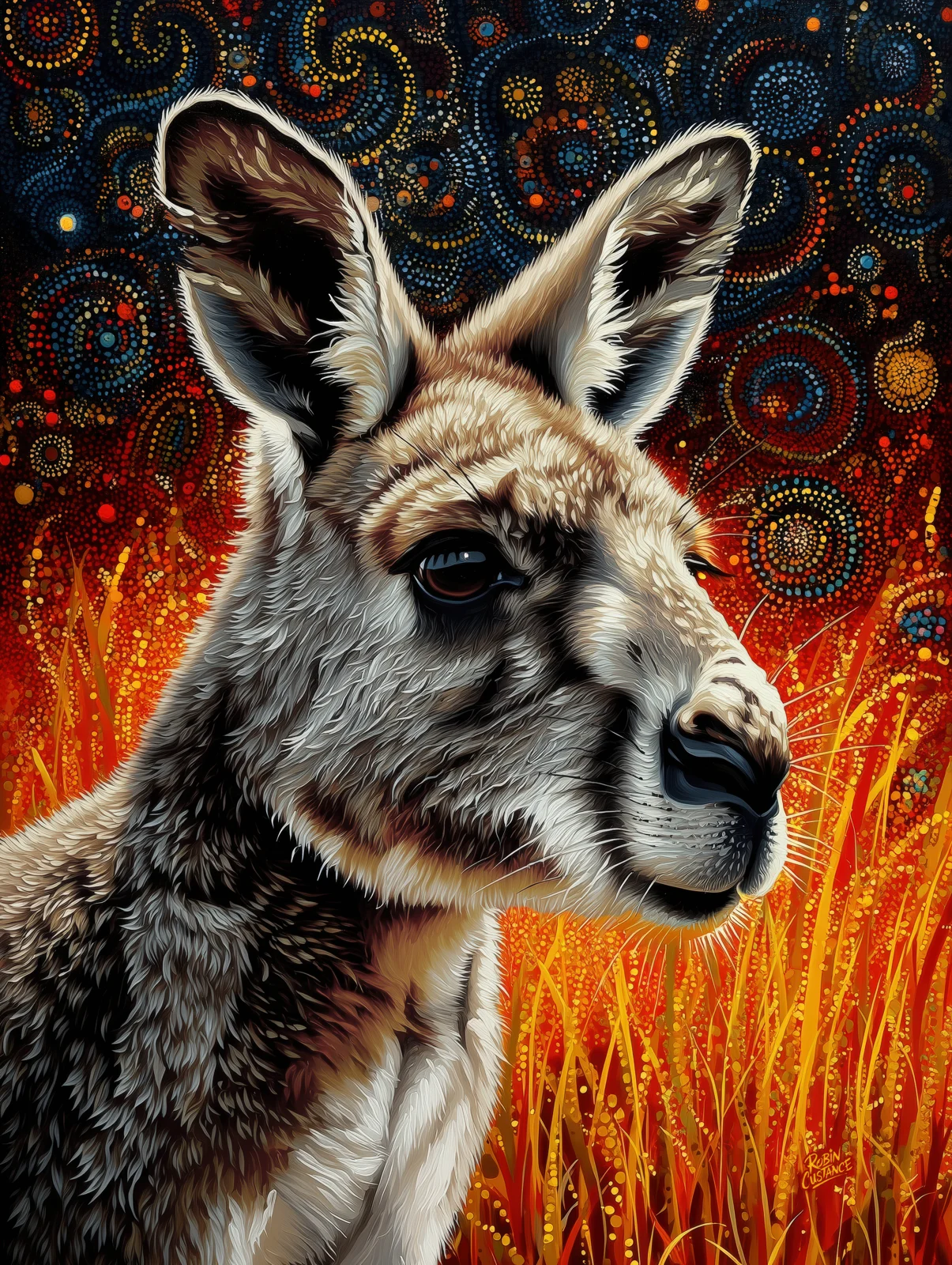 Old Man Pa turns slightly across a fiery orange field, with deep black, red and blue circular patterns gathering behind the kangaroo portrait.