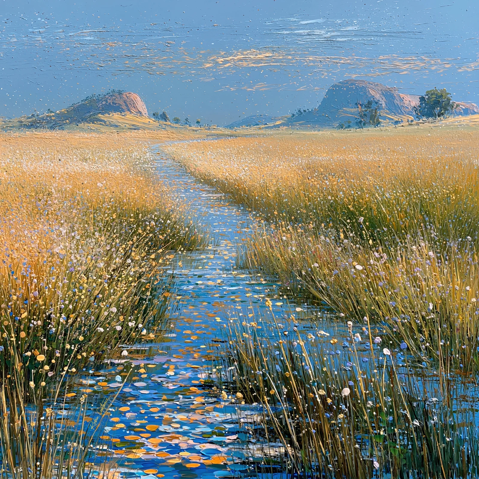 A winding blue water channel passes through dense golden grasses and pale floral marks towards two low rocky rises beneath a blue sky.