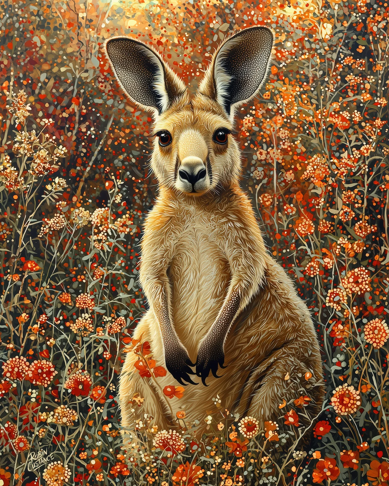 A high-detail illustration of a kangaroo standing in a dense field of orange and red wildflowers, bathed in warm golden light.