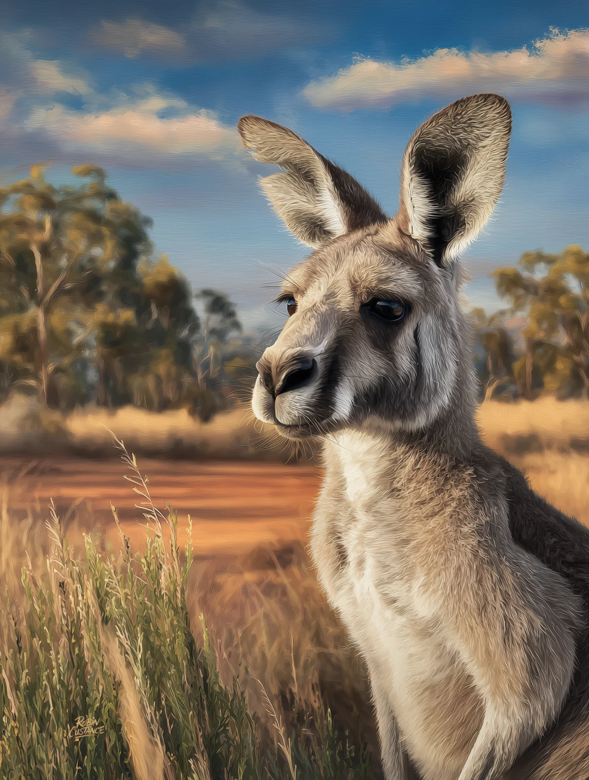 Old Man Pa stands against open ochre grass and a broad blue sky, with distant trees softening into the background.