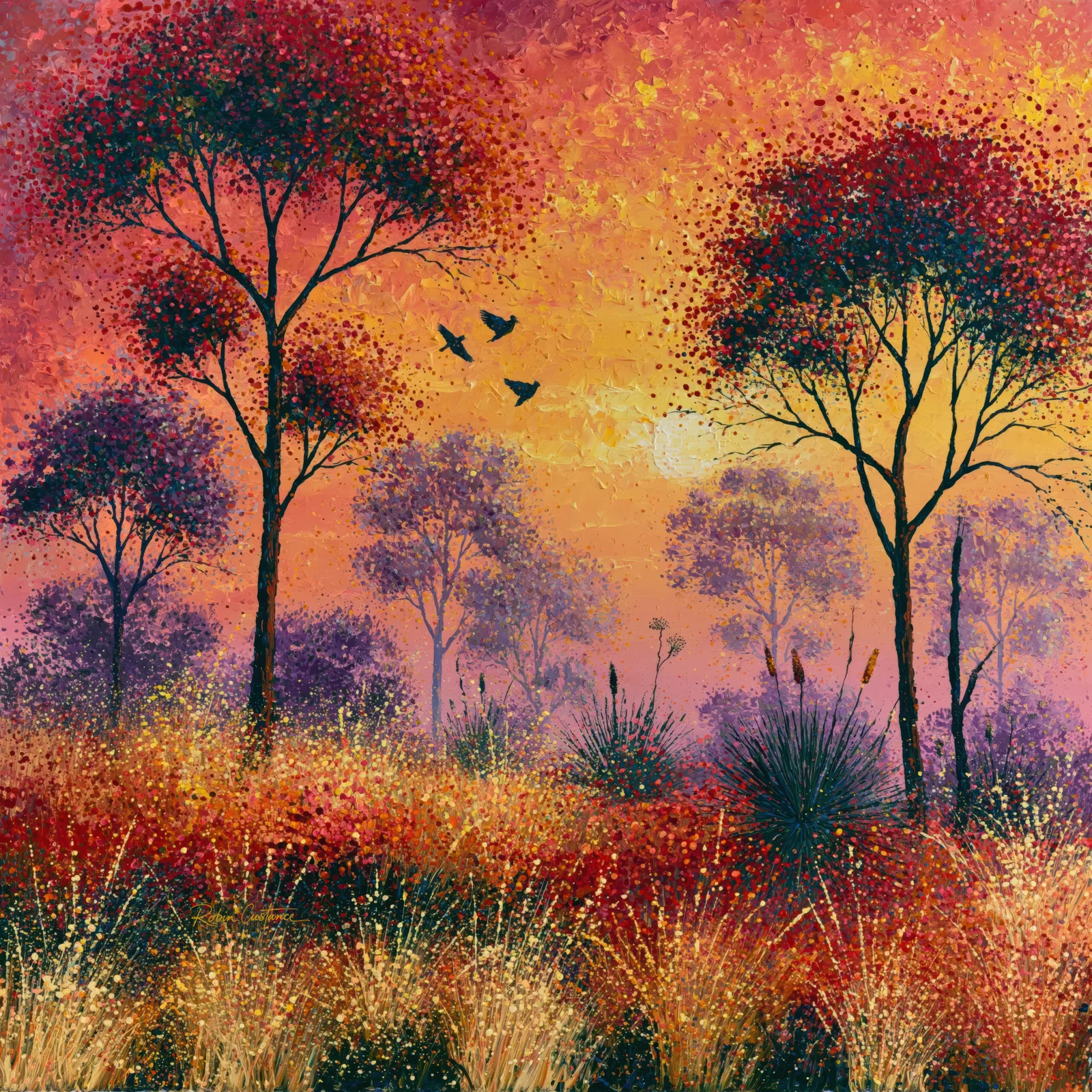 Three small dark birds between tall trees in an orange-gold sky, with softer violet trees behind and richly patterned warm grasses in the foreground.