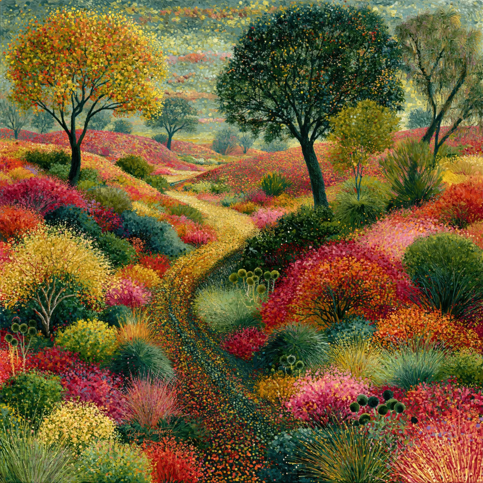 Pale winding path through dense crimson, yellow and pink garden growth, rounded green shrubs and tall dark-trunked trees beneath a muted sky.