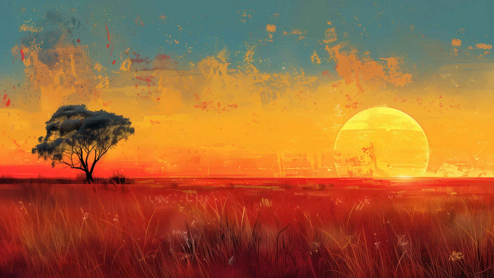 A lone dark tree stands against a huge golden sun as red grassland and an orange sky stretch across this wide landscape.