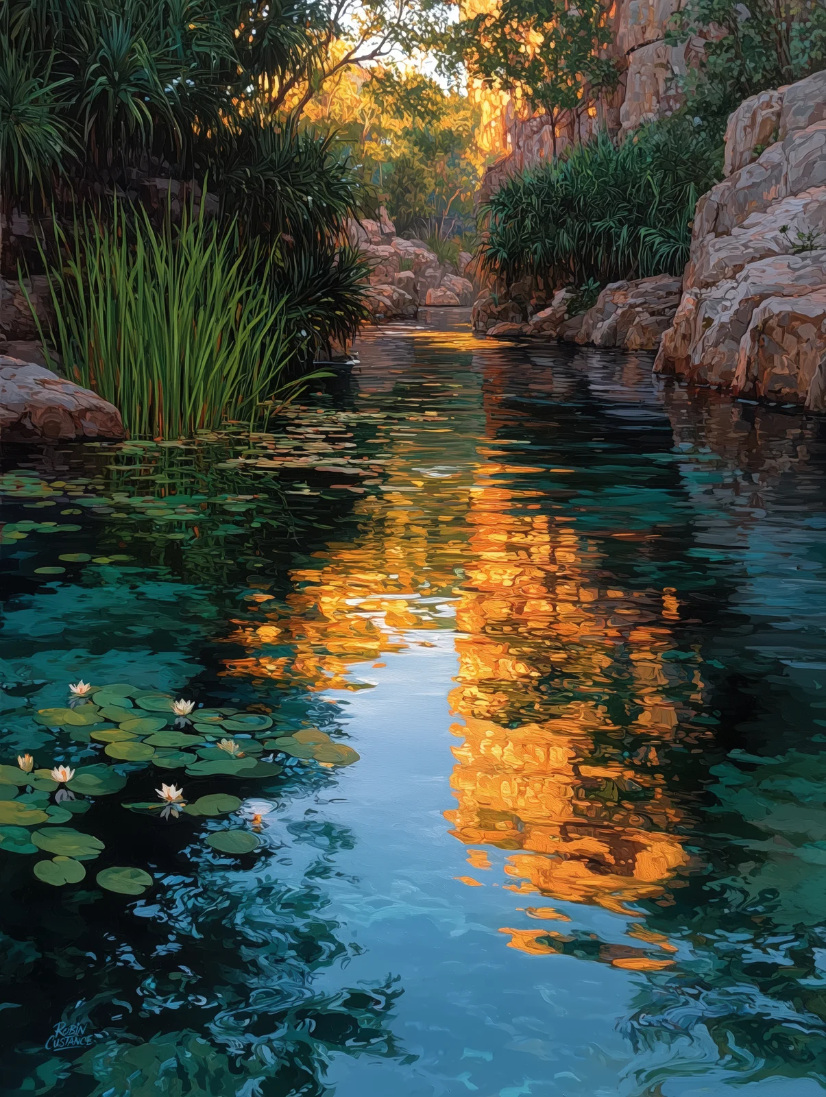 Dark blue-green water runs between rocky banks and tall waterside plants, catching a bright gold reflection that travels down the centre of the scene.