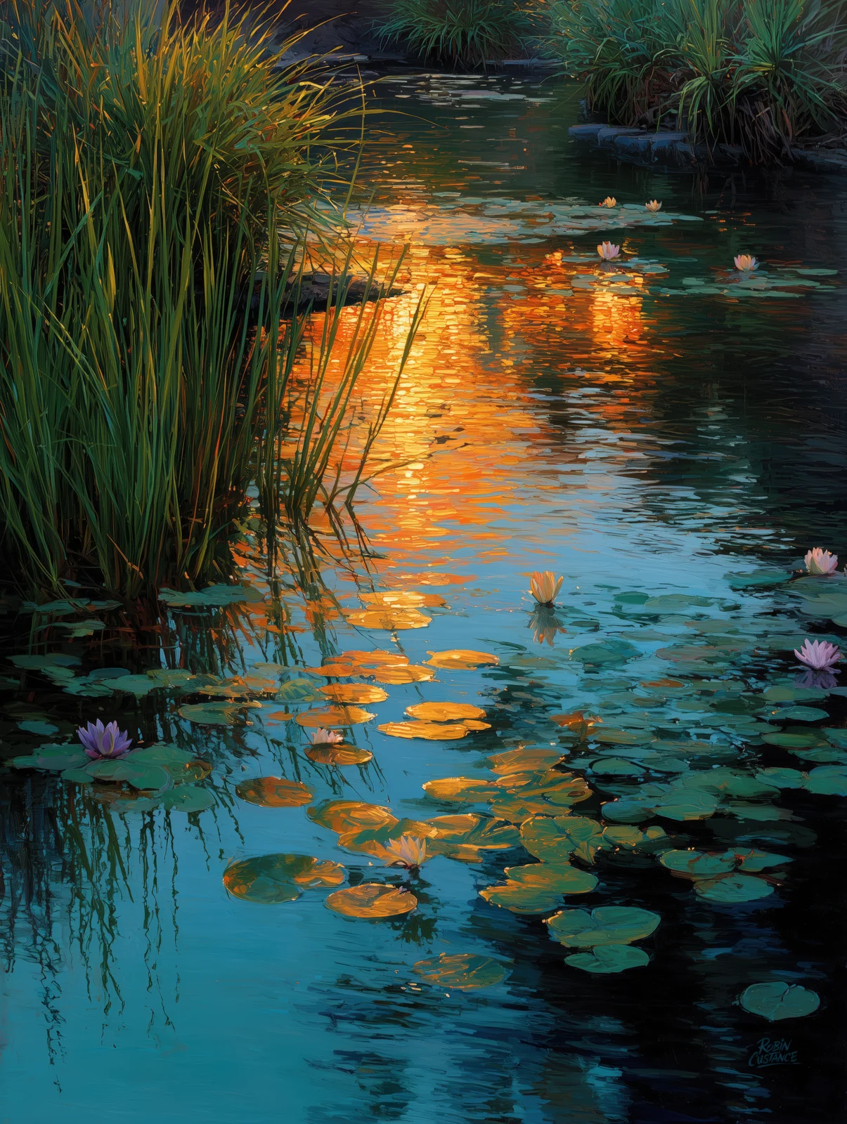 Deep blue water fills the frame while a bright orange-gold reflection stretches down the centre between reeds and floating lily pads.