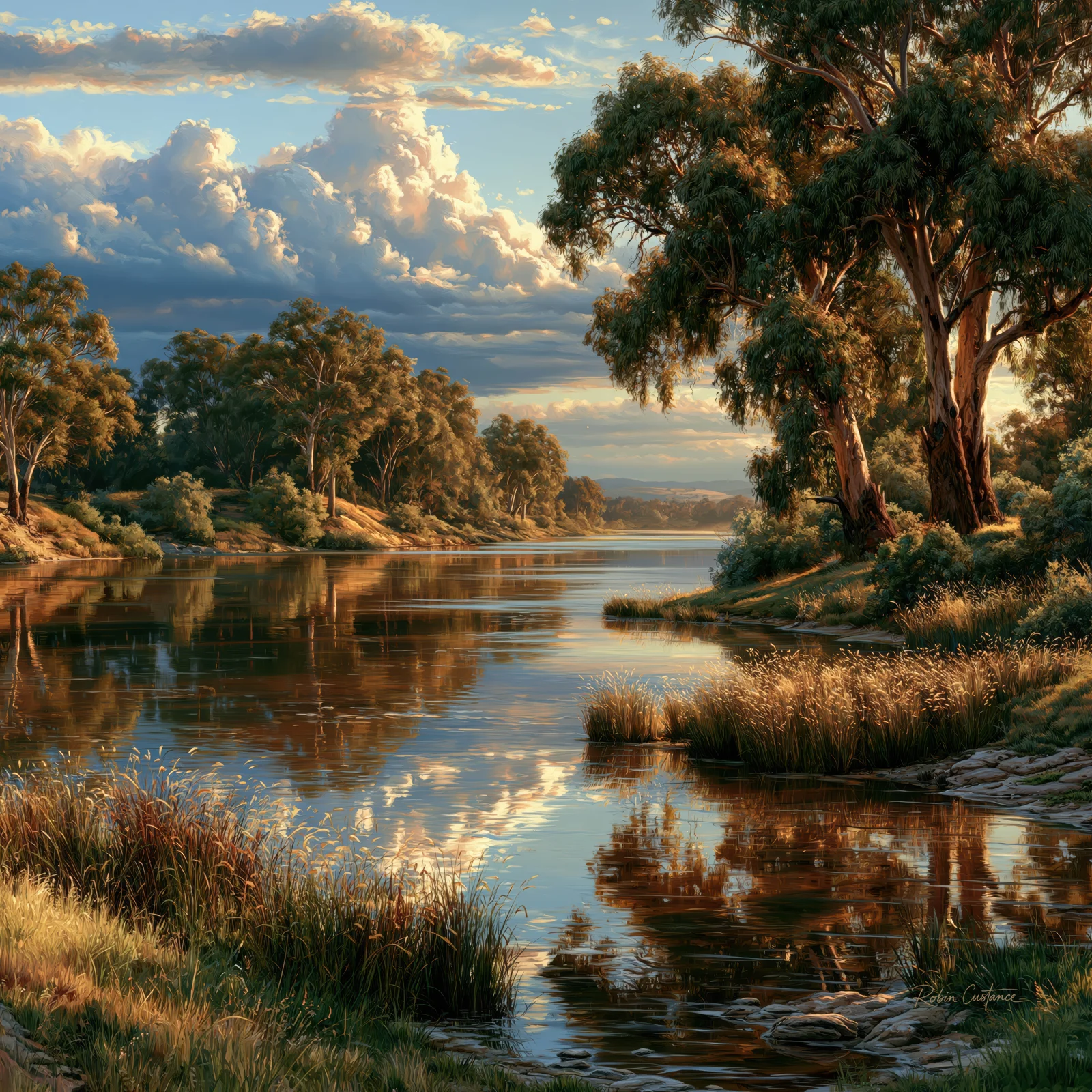 A calm river bends between tall trees and warm grassy banks, reflecting soft gold, blue and cream clouds across the water.