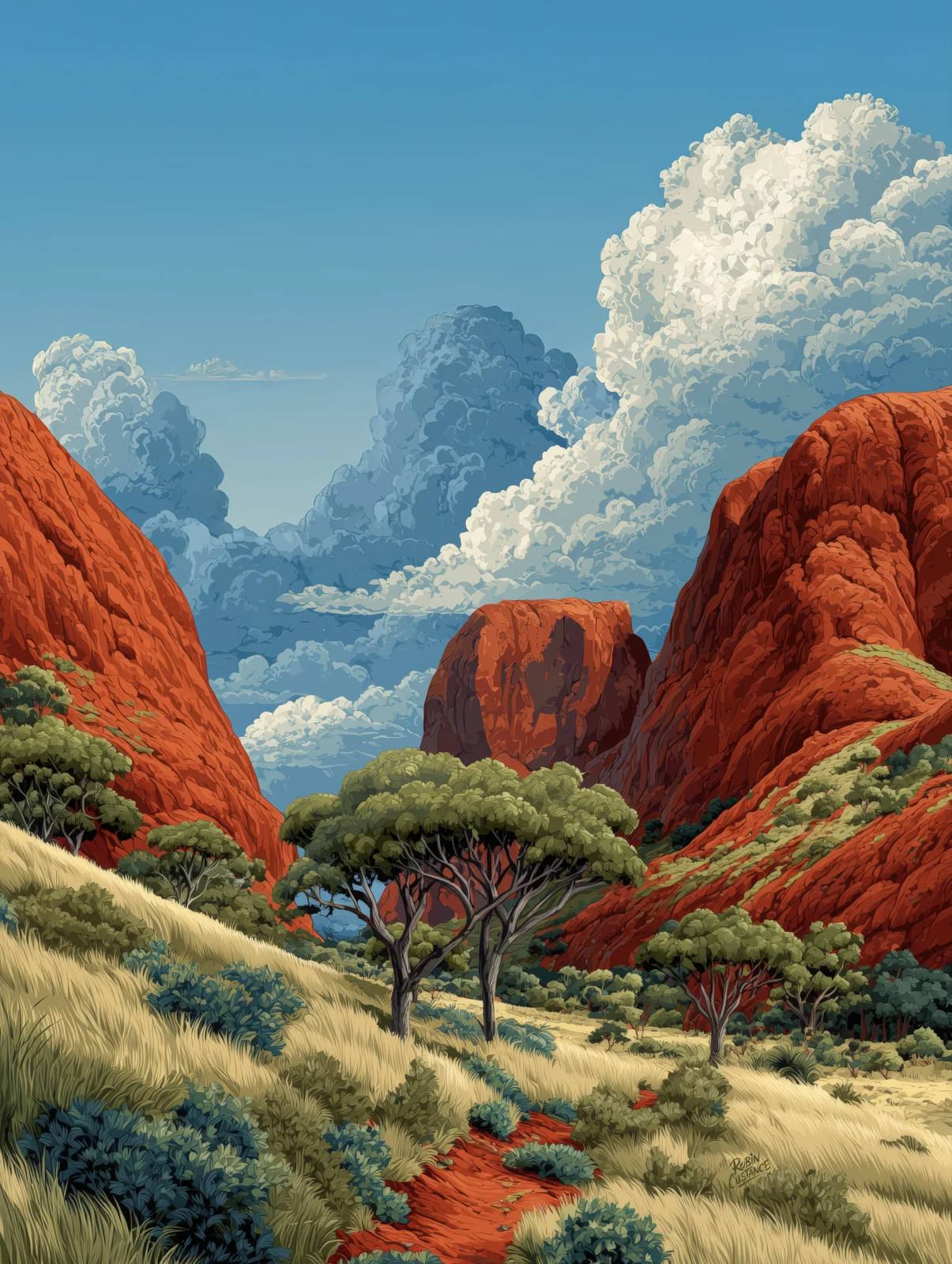 Red rock ranges rise on both sides of a pale grassy valley beneath a brilliant blue sky filled with towering white cloud.