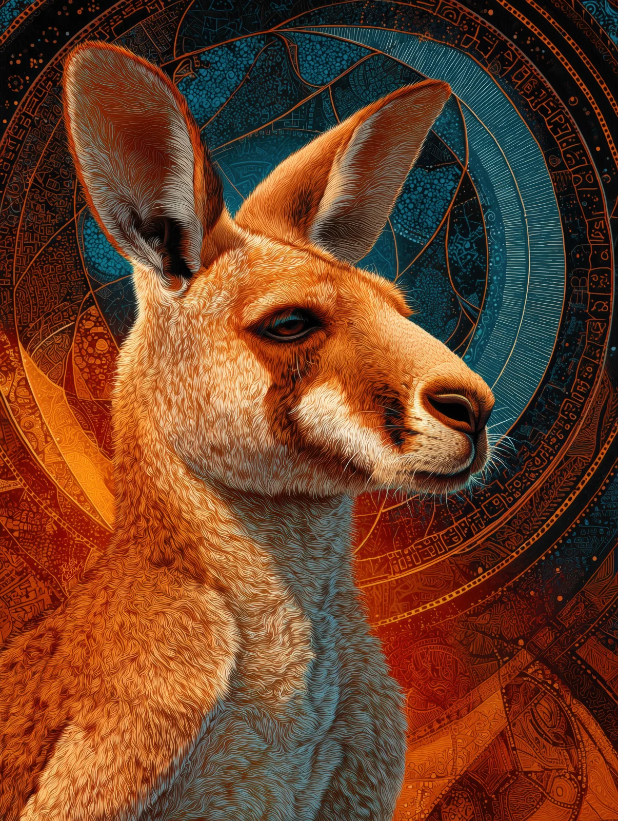 A close kangaroo portrait fills the frame in warm orange light, set against a deep teal-blue background of circular lines and layered decorative detail.
