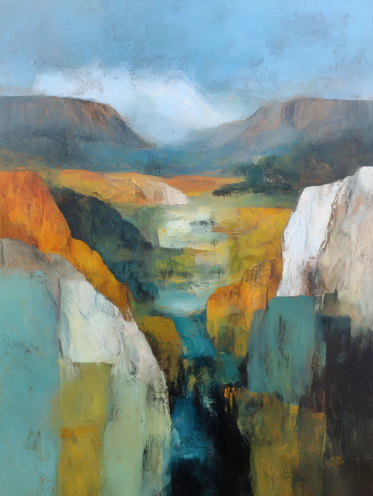 Abstract canyon of turquoise, ochre, white and charcoal planes around a narrow dark central gorge, beneath misty ridges and a pale blue sky.