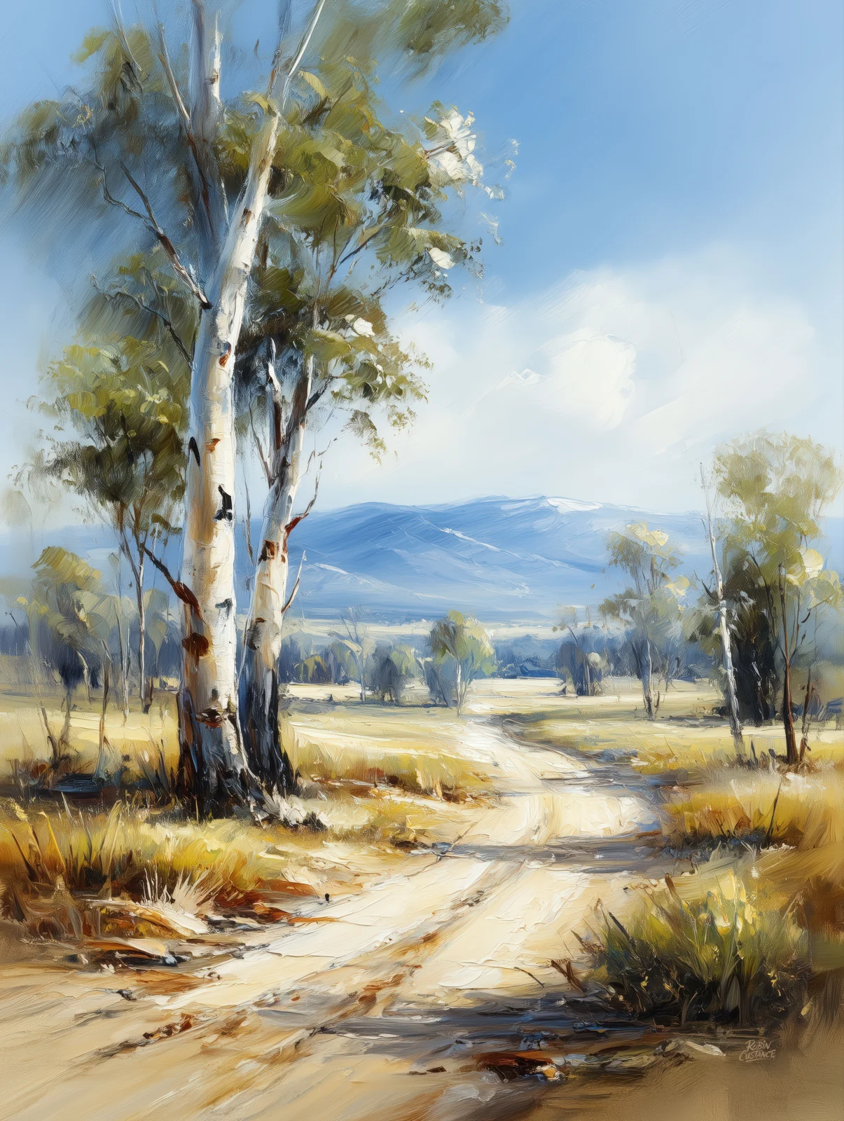 A pale dirt track winds between tall gum trees towards distant blue hills beneath a clear, bright sky.