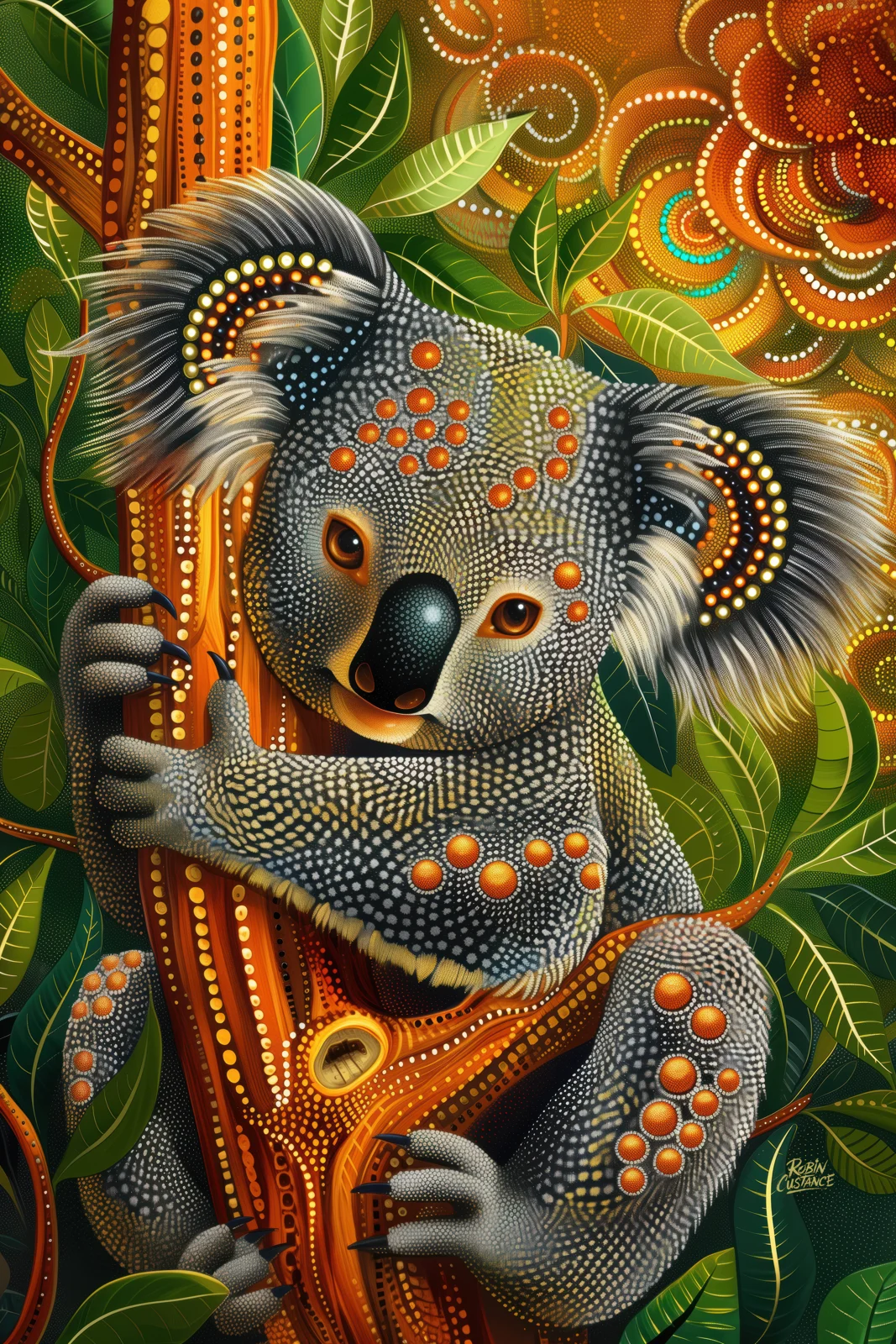 A koala wraps around a warm orange-brown tree trunk, surrounded by long green leaves and layered circular patterns that echo through the background.