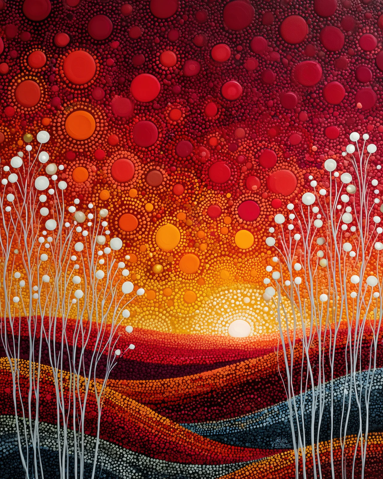 A bright low sun sits above layered red, orange and charcoal bands, framed by tall white stems and hundreds of circular marks that radiate through the sky.