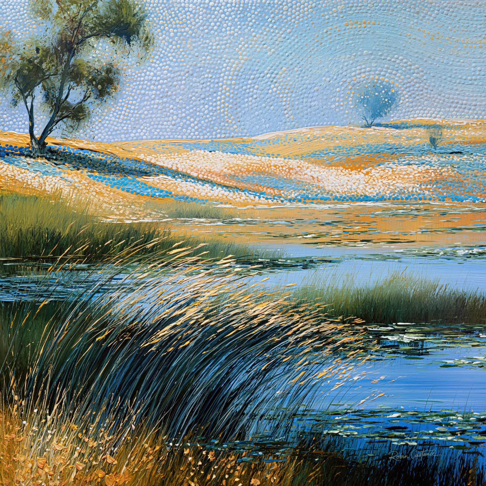 Golden-tipped reeds bend across blue water beneath dotted cream-and-gold banks, a dark tree at upper left and flowing rows of pale dots across the blue sky.