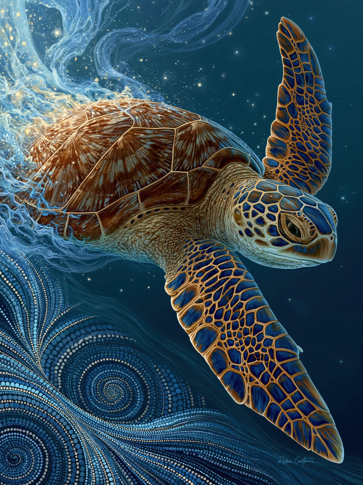 Sea turtle facing right in deep blue water, with one upright flipper, one extended foreground flipper and pale swirling currents crossing its brown shell.