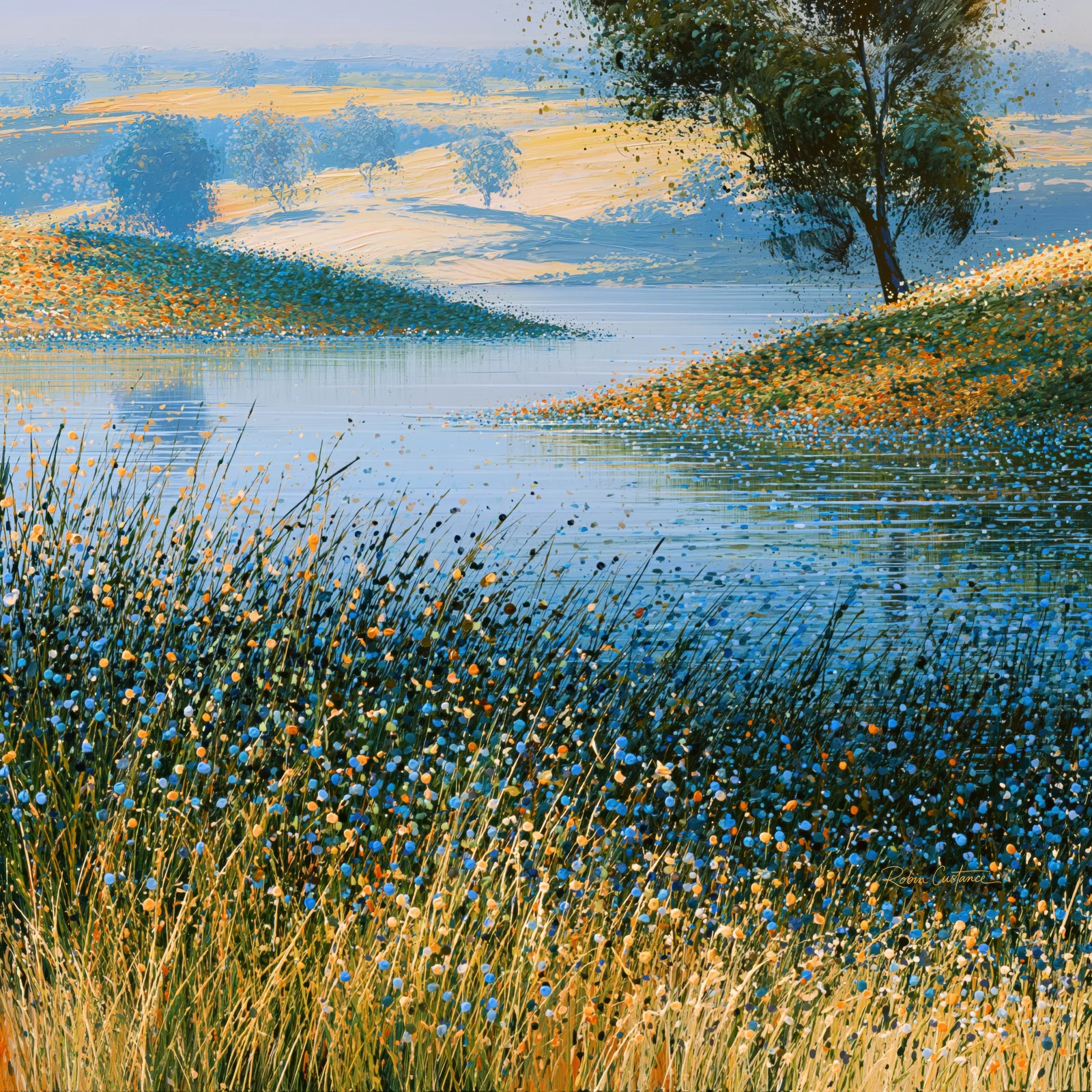 Pale blue water curves between flower-dotted banks, with dense blue and gold grasses in front, a dark tree at upper right and softly rendered fields behind.