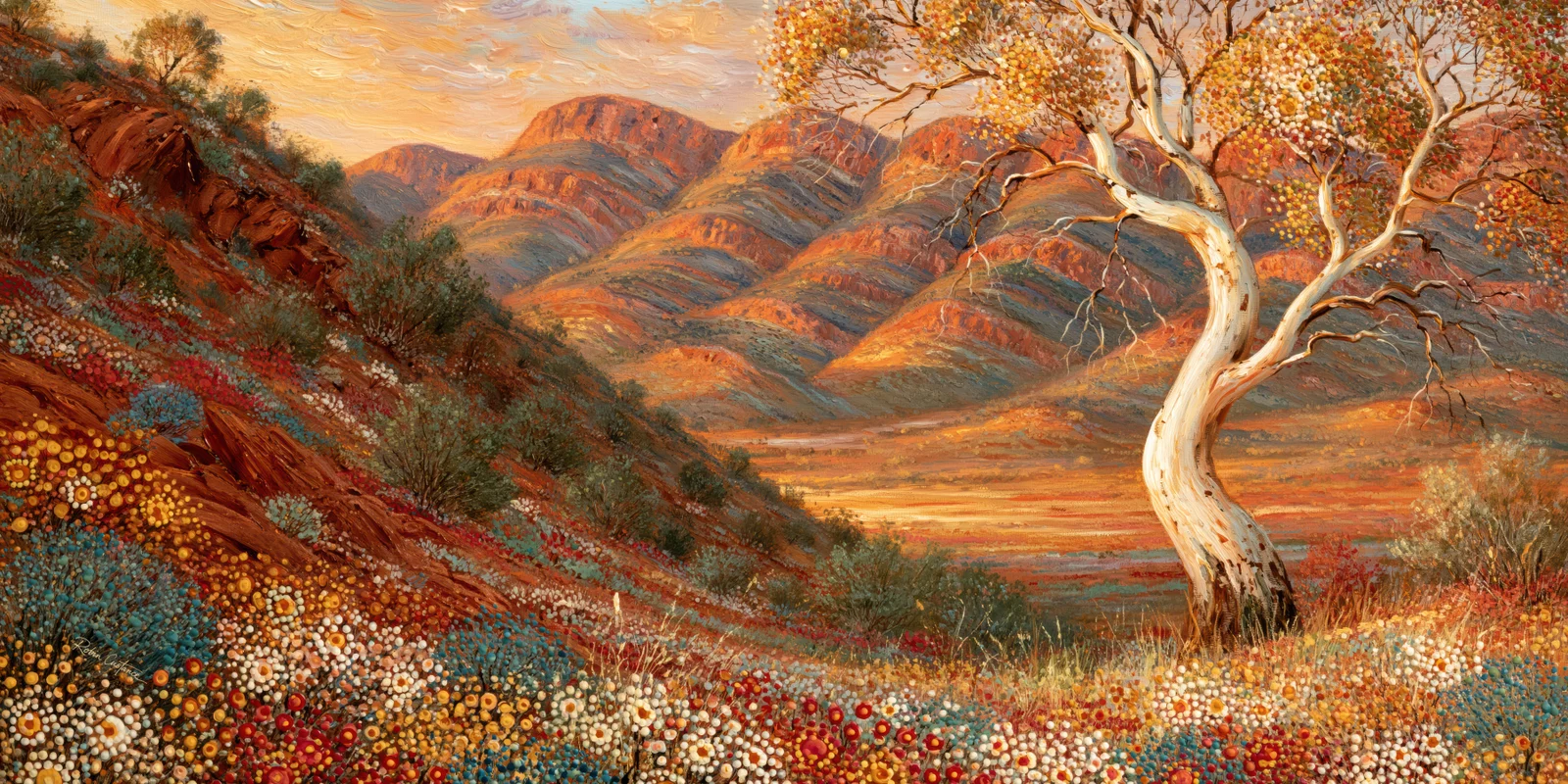 A curving ivory-coloured tree fills the right side above red, turquoise and cream ground detail, with folded orange and blue-grey hills beneath a peach sky.