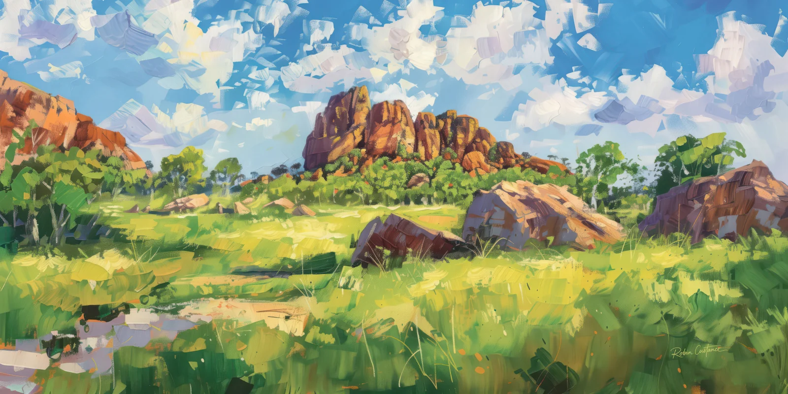 Broad lime-green and yellow strokes surround angular red and mauve boulders, with taller orange rock formations, scattered trees and white-lavender clouds in a blue sky.