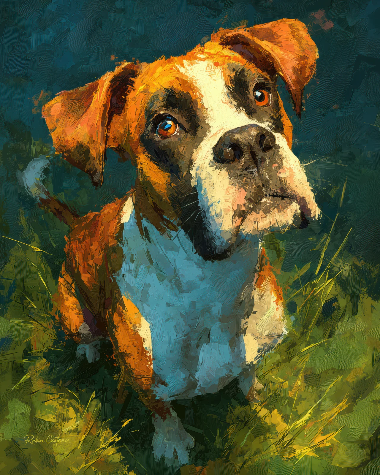 Boxer dog with a tilted head, amber eyes, a white blaze and muzzle, orange-brown ears and coat, against dark teal and green grass.