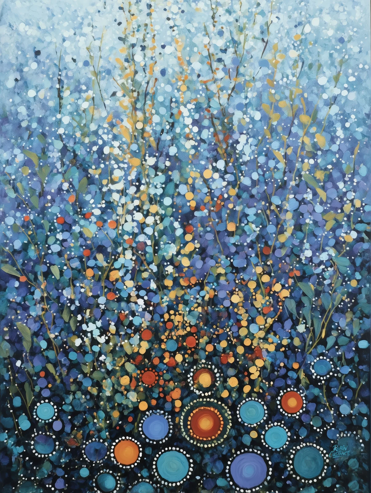 Fine stems and flower-like points rise through layers of cool blue, soft white and warm orange, giving this vertical dreamscape the feeling of a meadow seen through mist and light.