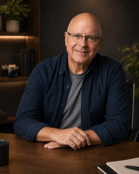 Robin Custance smiling at his studio desk with his hands resting on the tabletop