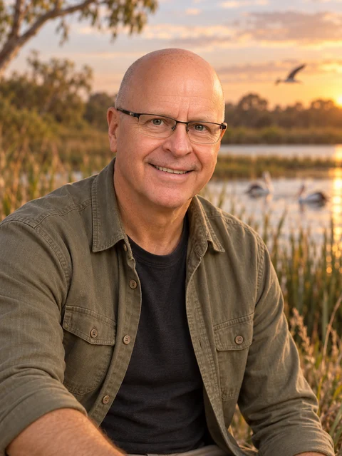 Robin Custance with a warm wetland and sunset backdrop